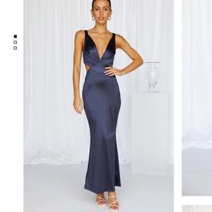 SUNSET VIEWS SATIN MIDI DRESS DARK BLUE